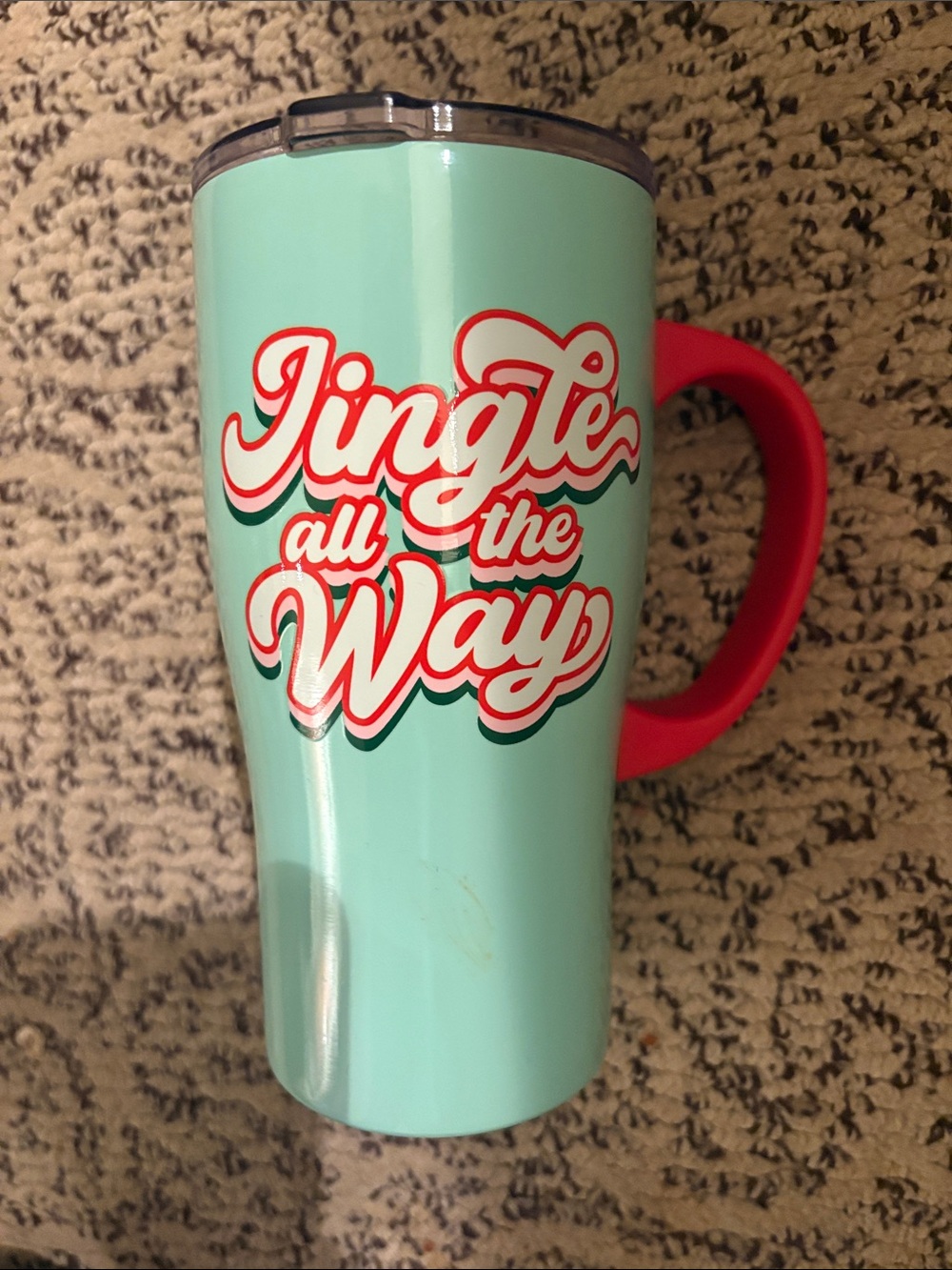 Hobby Lobby Mint Travel Mug with Red Handle and Festive Script